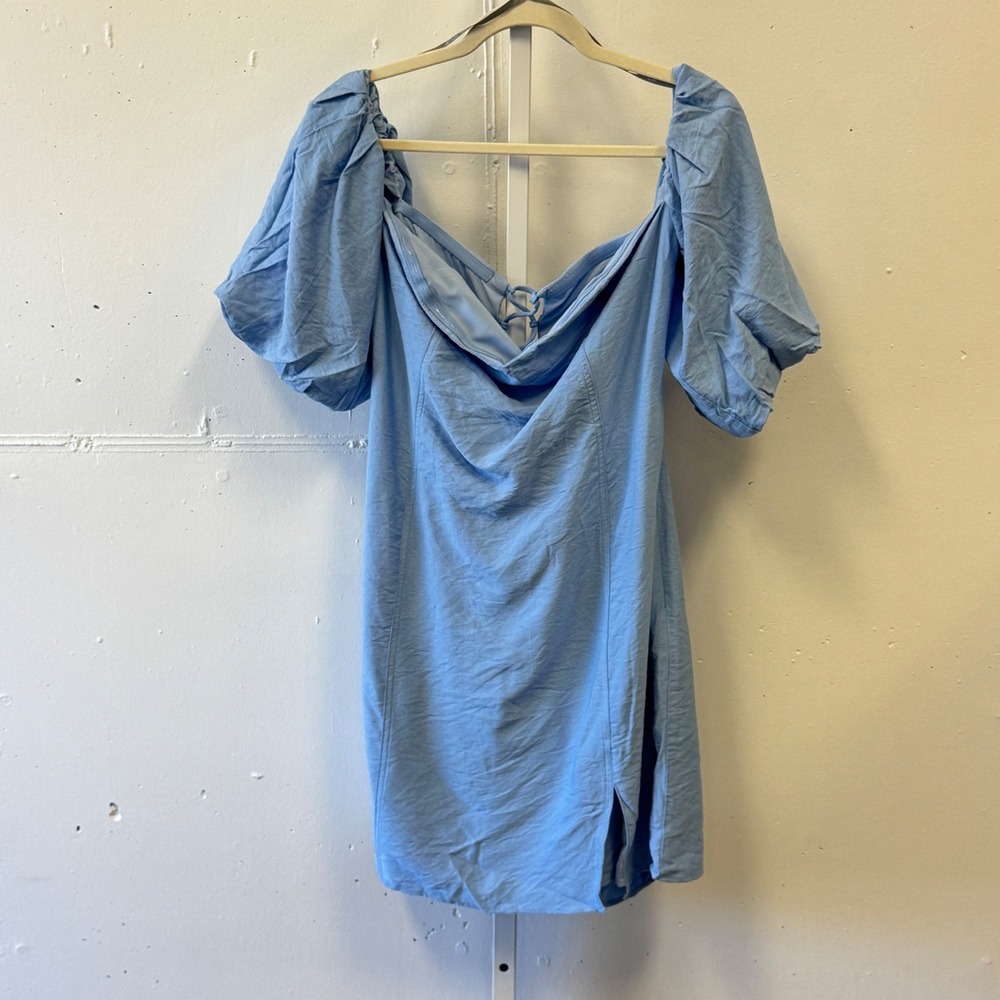 BCBG New York Light Blue Puff Sleeve Lace Up Back Mini Dress 1CX3D85-BLH Large